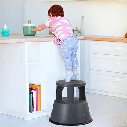 LDAILY Rolling Step Stool, Round Rolling Stool with Wheels Max Load 350 lbs, Non-Slip & Locking Platform, Small Plastic Library Step Stools for Adults & Seniors, Ideal for Kitchen, Home Office, Garage
