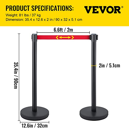 VEVOR Crowd Control Stanchion, Set of 6 Pieces Stanchion Set, Stanchion Set w/ 6.6 ft/2 m Red Retractable Belt, Crowd Control Barrier w/Rubber Base – Easy Connect Assembly for Crowd Control (Black) - color: Black & Red