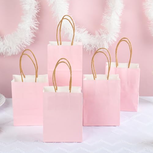 DjinnGlory 60 Pack Mini Pink Paper Bags with Handles Bulk 6.3x4.7x2.75 Inch for Birthday Wedding Baby Shower Party Favors, Treats, Goodies, Christmas Gifts, Tiny Small Business Bags - color: Pink