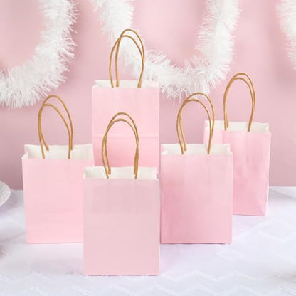 DjinnGlory 60 Pack Mini Pink Paper Bags with Handles Bulk 6.3x4.7x2.75 Inch for Birthday Wedding Baby Shower Party Favors, Treats, Goodies, Christmas Gifts, Tiny Small Business Bags - color: Pink