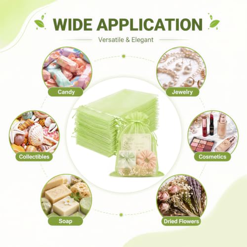 FUNFERY 100PCS Apple Green Sheer Organza Bags 5x7 in, Goodie Bags Bulk - color: Apple Green