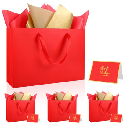 Epoesch 4 Pack Medium Red Gift Bags with Handles and 12 Tissue Papers - color: Red Gift Bags