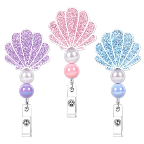 JarThenaAMCS 3Pcs Seashell Badge Reels, Acrylic ID Badge Holder - style: Seashell