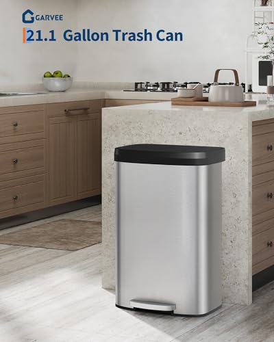 Garvee 21 gal / 80 L Stainless Steel Trash Can with Lid, Large Garbage Can for Kitchen, Rustproof Step-on Kitchen Metal Trash Bin with Liner Rim, Rear Handle, Soft Close Plastic Lid, Silver - color: Silver, size: 21.1 Gallons