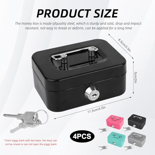 4 Pcs Metal Cash Box Set with Key Lock,4.5" x 3.3" x 2" Steel Money Box for Coins Bills,Portable Mini Safe Piggy Bank for Kids,Christmas Gifts Without Money Tray(Black/Green/Gray/Pink)