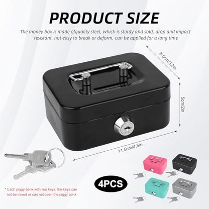 4 Pcs Metal Cash Box Set with Key Lock,4.5" x 3.3" x 2" Steel Money Box for Coins Bills,Portable Mini Safe Piggy Bank for Kids,Christmas Gifts Without Money Tray(Black/Green/Gray/Pink)