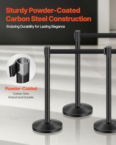 VEVOR Stanchion Post, 6 Pcs Stanchions with Retractable Belts, Carbon Steel Black Stanchions Queue with Sand Injection Hollow Base, Crowd Control Barriers for Theaters, Parties, Weddings, Exhibitions - color: Black