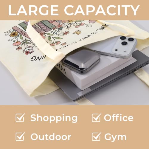 Cute Canvas Tote Bag for Women, Book Totebag with Zipper Pocket - color: Books and Flowers