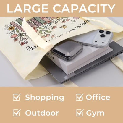 Cute Canvas Tote Bag for Women, Book Totebag with Zipper Pocket - color: Books and Flowers