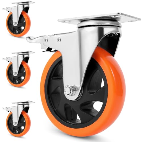 W B D WEIBIDA Swivel Caster Wheels for Cart, 5 Inch Industrial Heavy Duty Casters Set of 4, Top Plate Casters with Brake, No Noise Polyurethane Wheels for Cart, Furniture, Workbench - size: 5 INCH