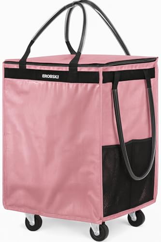 (Medium,Pink) Reusable Grocery Bag on Wheels, 70L Foldable Rolling Tote,Extra Storage for Shopping, Zipper Clouser Shopping Carts for Groceries,Trips, Laundry, Moving,4 Heavy Duty Wheels - color: Pink, size: Medium