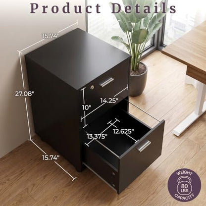 Lavish Home 2-Drawer Wooden File Cabinet with Lock, Black, 16” x 27” - color: Black, style: Silver Hardware
