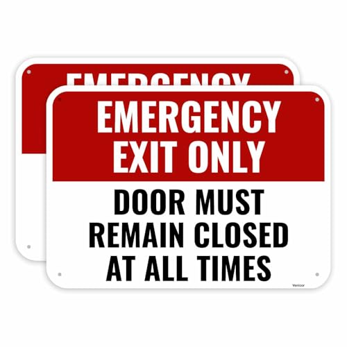 2PC Emergency Exit Only Sign, 14 x 10 Inches - Aluminum - Door Must Remain Closed At All Times - color: Emergency Exit Only Sign