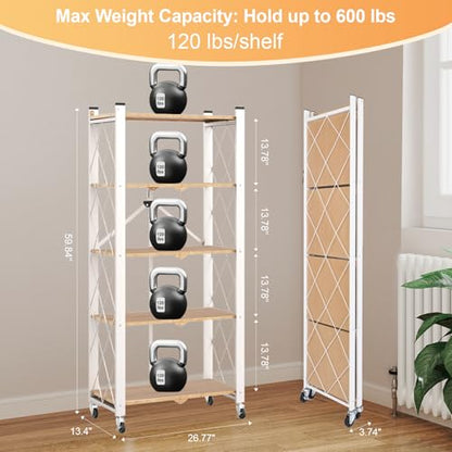 5-Tier Foldable Storage Shelves with Wheels Wood Grain Transfer - color: Natural, size: 5 Tier