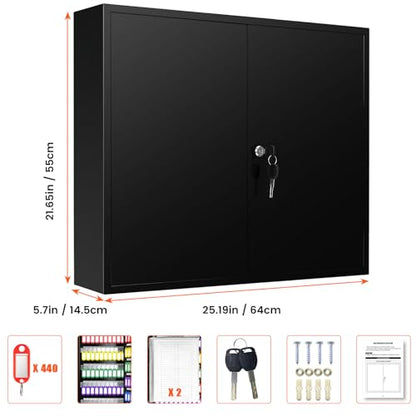 440 Keys Dual-Door Key Lock Box Wall Mount with 20 Adjustable Hook Plates - color: Black, size: 440 Keys