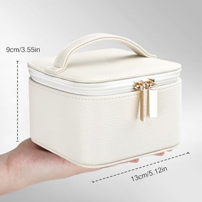 DesignSter Small Jewelry Box, Travel Small Jewelry Organizer with Earring Tray and Ring Holder, Square Travel Jewelry Storage Case with 6 Velvet Jewelry Pouches, Beige - color: Beige