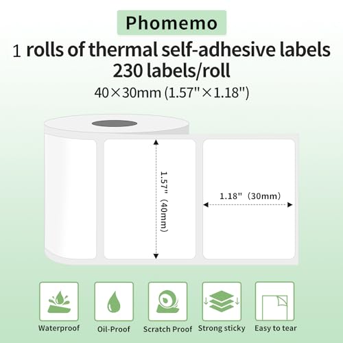 Phomemo Thermal Labels, 1.57"x 1.18", for M110/M100/M220/M108/M250, 230 PCS - color: White, size: 1.57"x1.18"