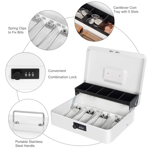Cash Box with Money Tray and Combination Lock, Metal Money Box for Cash Register, Tiered Lock Box for Money 11.8" x 9.4" x 3.54" White - color: White with Combination Lock