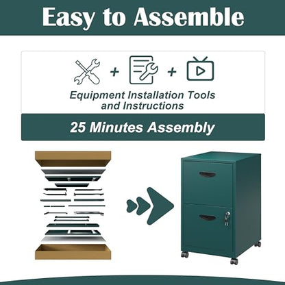 SteeLoong 2 Drawer File Cabinet,Metal Mobile File Cabinet with Lock Green - color: Green, style: 2 Drawer on Wheels