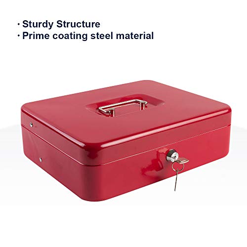 KYODOLED Locking Cash Box with Lock,Money Box with Cash Tray,Lock Safe Box with Key,Money Saving Organizer,11.81Lx 9.45Wx 3.54H Inches,Red XL Large - color: Red
