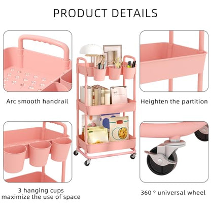 JIUYOTREE 3-Tier Plastic Rolling Storage Cart Utility Cart Pink - color: Pink, size: 3-Tier