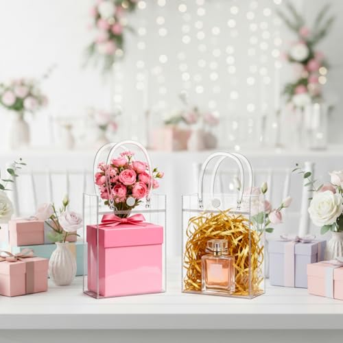 IANFAN 60 Pcs Clear Gift Bags with Handles, Transparent Reusable Tote Bags Plastic Small Gift Wrap for Mother's Day, Boutique, Wedding, Birthday, Baby Shower Party (5.1 x 5.9 x 2.7 Inch)