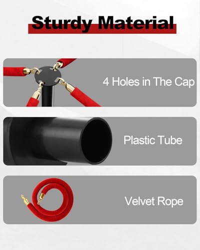 RoadHero 34 Inch Plastic Stanchions Post, Red Velvet Ropes, 2 PCS - color: Red