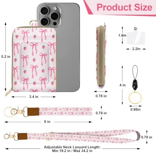 Cute Pink Bow Strawberry Lanyard Wallet with Id Holder, Credit Card Holder Small Wallet with Keychain Zipper Coin Pocket, RFID Blocking ID Badge Holder,Travel Card Case for Women Teacher Student Gifts - color: Pink Bow Strawberry