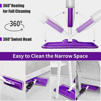 Wet Spray Mop for Floor Cleaning with 14 oz Bottle & 3 Microfiber Pads - color: 01-purple