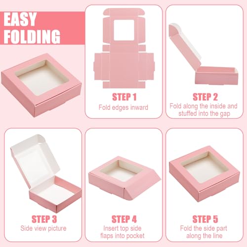 Zonon 30 Pcs Kraft Paper Boxes with Window 4.13 x 4.13 x 1.18inch (Pink) - color: Pink