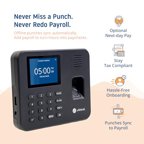 uAttend RE2000 Biometric Time Clock for Employees – Fingerprint + PIN Punching, Wi‑Fi Cloud Time & Attendance System with Offline Storage, Payroll-Ready – Small Business Time Tracking