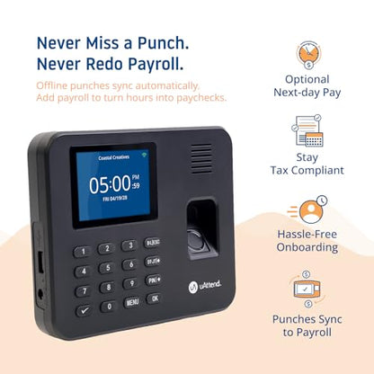 uAttend RE2000 Biometric Time Clock for Employees – Fingerprint + PIN Punching, Wi‑Fi Cloud Time & Attendance System with Offline Storage, Payroll-Ready – Small Business Time Tracking