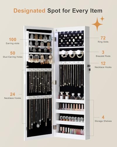 Nicetree 6 LEDs Jewelry Armoire, Hanging Mirror Jewelry Cabinet, White - color: White