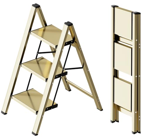 SOLADDER 3 Step Ladder, Folding Step Stool, Brown Gold - color: Brown Gold, size: 3 Step