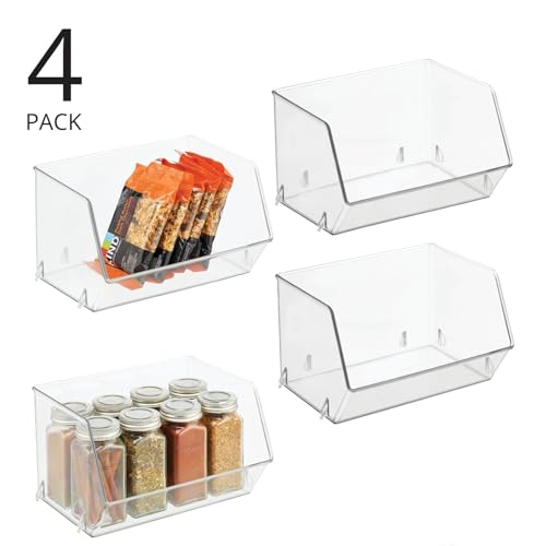 mDesign Plastic Open Front Food Storage Bin for Kitchen Cabinet, Pantry, Shelf, Fridge/Freezer - Organizer for Fruit, Potatoes, Onions, Drinks, Snacks, Pasta - 5" Tall - 4 Pack - Clear