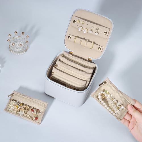 DesignSter Small Jewelry Box, Travel Small Jewelry Organizer with Earring Tray and Ring Holder, Square Travel Jewelry Storage Case with 6 Velvet Jewelry Pouches, Blue Gray - color: Blue Gray