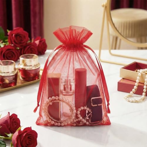 FUNFERY 100Pcs Red Organza Bags 5x7 in,Small Mesh Drawstring Gift Bag - color: Classic Red