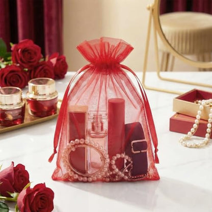 FUNFERY 100Pcs Red Organza Bags 5x7 in,Small Mesh Drawstring Gift Bag - color: Classic Red