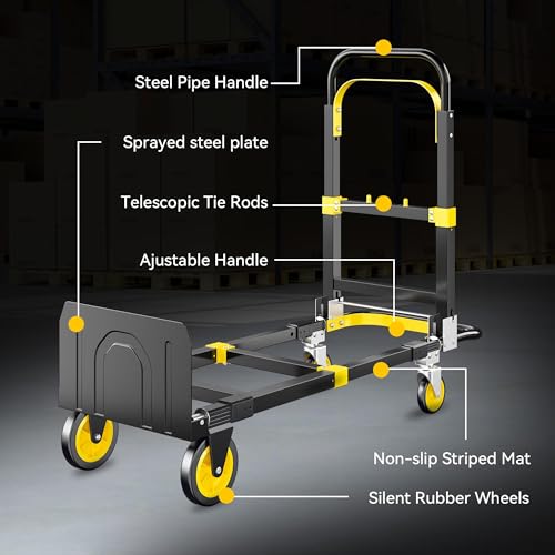 Folding Hand Truck, 600 lbs Heavy Duty 3-in-1 Convertible Dolly Cart - color: Black-3