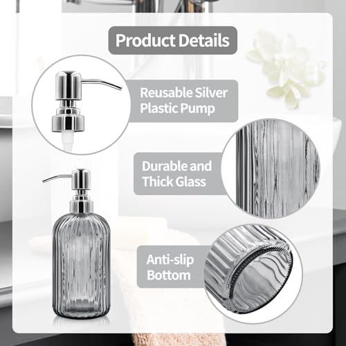 18 Oz Glass Soap Dispenser with Stainless Steel Pump, Modern Ribbed Design Refillable Liquid Soap Bottle for Bathroom, Kitchen, Hand Soap, Dish Soap, or Lotion (Grey) - color: Gray