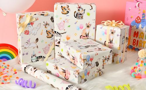 Sikiweiter Cat Birthday Wrapping Paper Roll - 17 Inches x 16.5 Feet, Fun and Colorful Cat Party Print, Perfect for Gifts and Celebrations(Cat Birthday) - color: Cat Birthday
