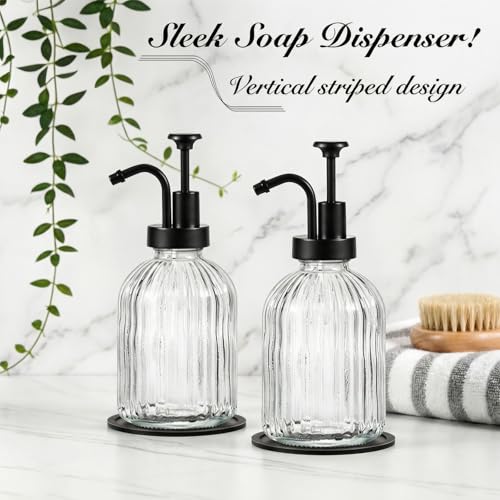 SheeChung 12oz Clear Glass Liquid Soap Dispenser,Black Pump, Striped,1 Pack - color: Clear, Black Pump, 1pc