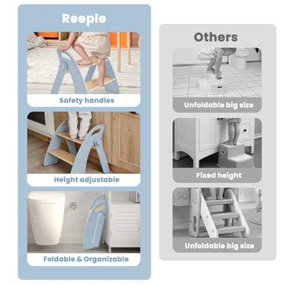 Wooden 2 Step Stool for Toddlers, Foldable 2-Step with Non-Slip Pads and Handles, Bamboo Step Stool for Kids Bathroom Sink and Potty Training, Kitchen Helper, Nursery Bedroom(Blue) - color: Blue