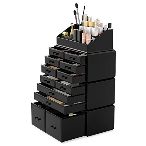 Readaeer Makeup Cosmetic Organizer Storage Drawers Display Boxes Case with 12 Drawers (Black) - color: Black