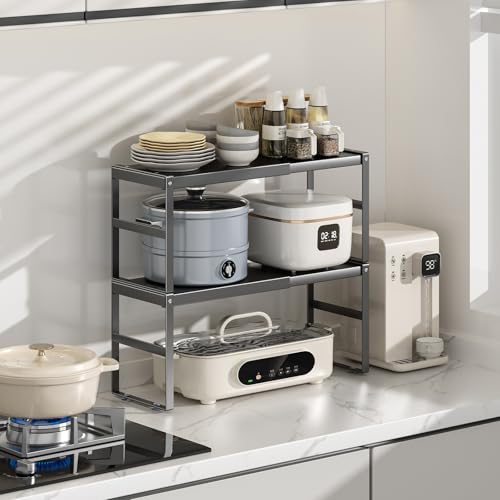Expandable Kitchen Organizer Shelf, Cabinet Countertop Shelves - color: Black