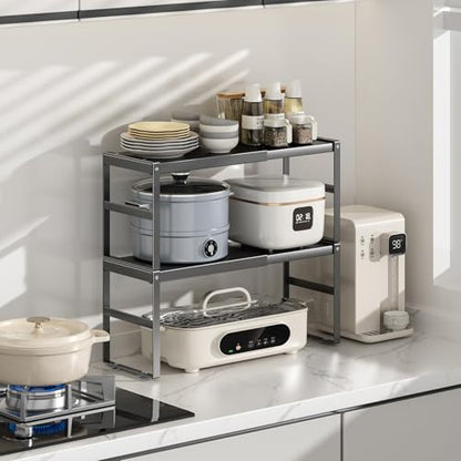 Expandable Kitchen Organizer Shelf, Cabinet Countertop Shelves - color: Black