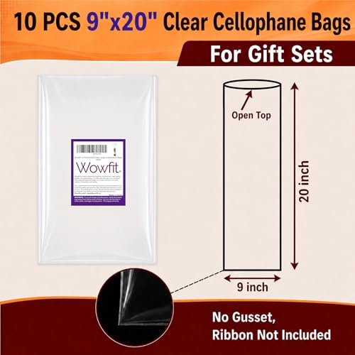 Wowfit 9x20 Clear Cellophane Bags for Wine Bottles & Tall Gifts, 10 Bags - size: 9x20 Inch (Pack of 10)