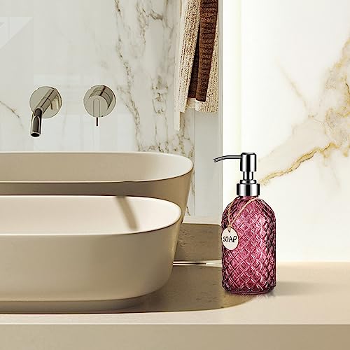 MOCLIF 16 OZ Clear Soap Dispenser with 304 Rustproof Stainless Steel Pump Bathroom Kitchen,Refillable Liquid Glass Soap Dispenser for Hand Soap, Dish Soap, Lotion(Purple) - color: Purple