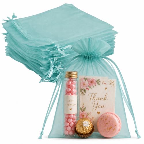Jexila 100 Pack Teal Organza Gift Bags 5X7 Satin Drawstring Mesh Gift Pouch - color: Aqua