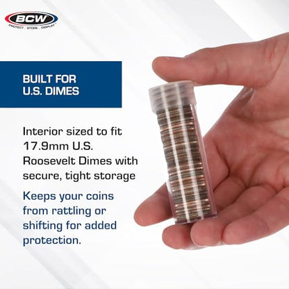 BCW Coin Tubes for Dimes - 10ct | Holds "Roosevelt" Dime | Durable Plastic Tube Coin Holders | Coin Collecting Supplies | Dime Coin Tubes | Coin Storage Tubes with Airtight Lids - style: 10 Pack